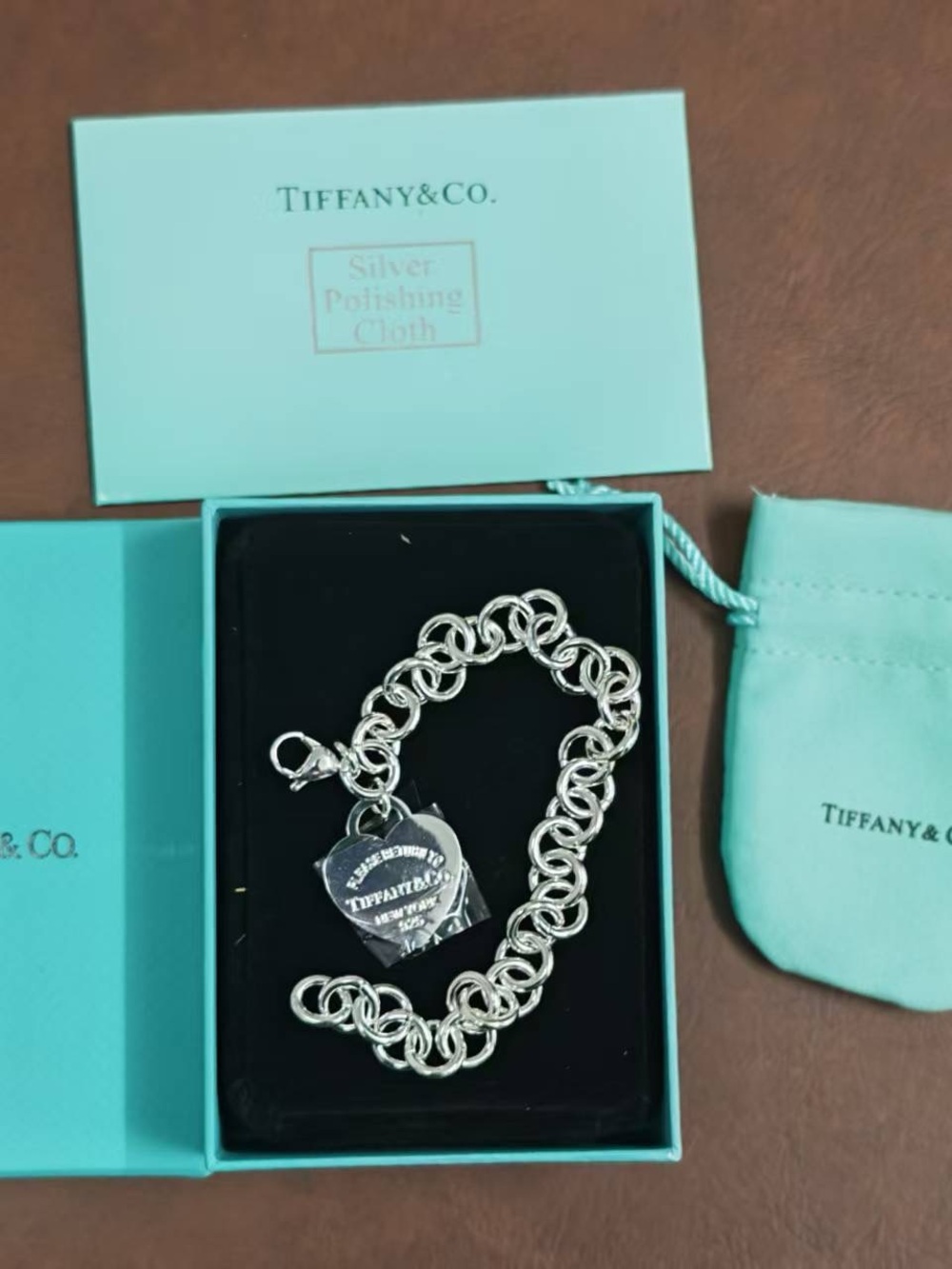 Tiffany     &    Co.      . Silver Heart Tag Charm Bracelet with Link Chain
